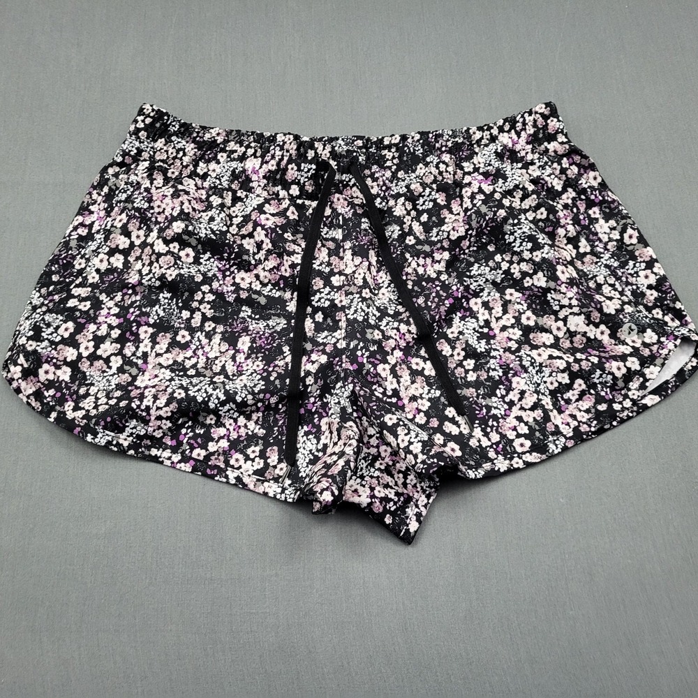 RBX‎ Womens Floral Active Shorts Black Purple White Size Medium Drawstring Liner